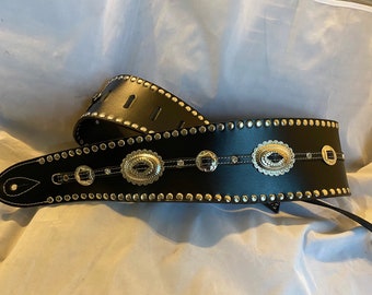 Black 100mm Wide Leather Studded Concho Guitar Strap
