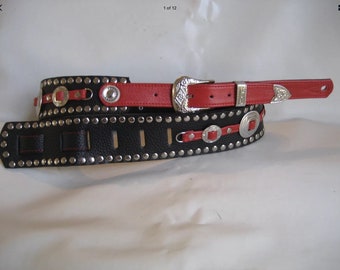 Black/Red Leather Studded/Concho Guitar Strap