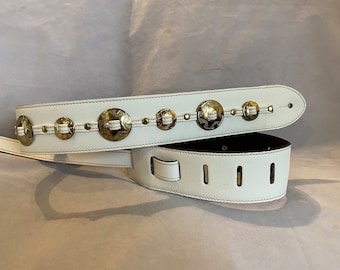 White Leather Gold Concho Guitar Strap