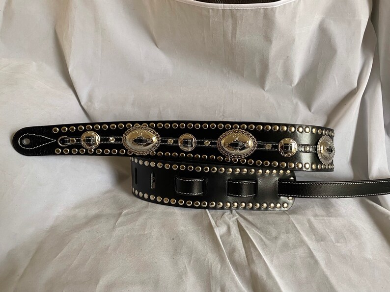 Black Leather Studded Concho Guitar Strap Etsy