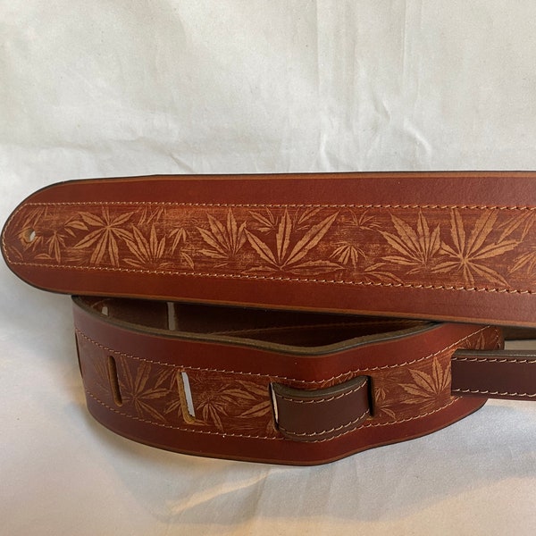 Tan Leather Weed Emboss guitar Strap