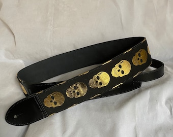 Black leather Gold Skull Guitar Strap