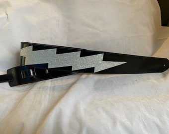 Black leather/Silver sparkle lighting bolt guitar strap