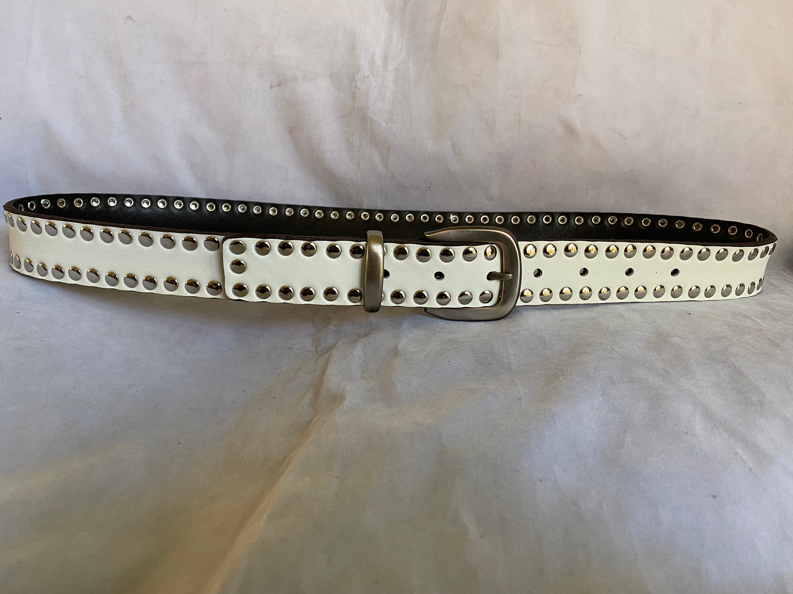 White Leather Studded Belt - Etsy