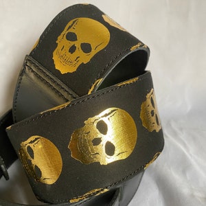 Black leather Gold Skull Guitar Strap image 2