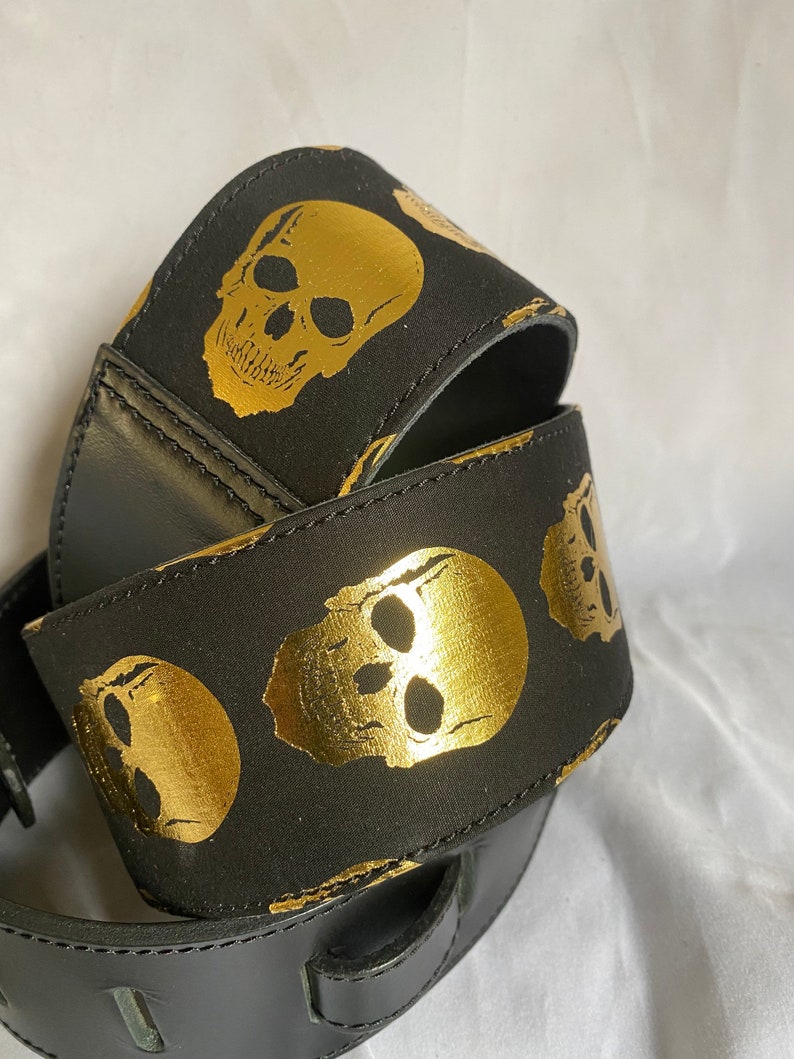 Black leather Gold Skull Guitar Strap image 2