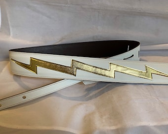 Leather White/ Gold Lighting Guitar Strap