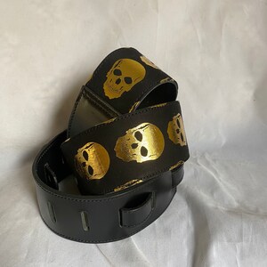 Black leather Gold Skull Guitar Strap image 8