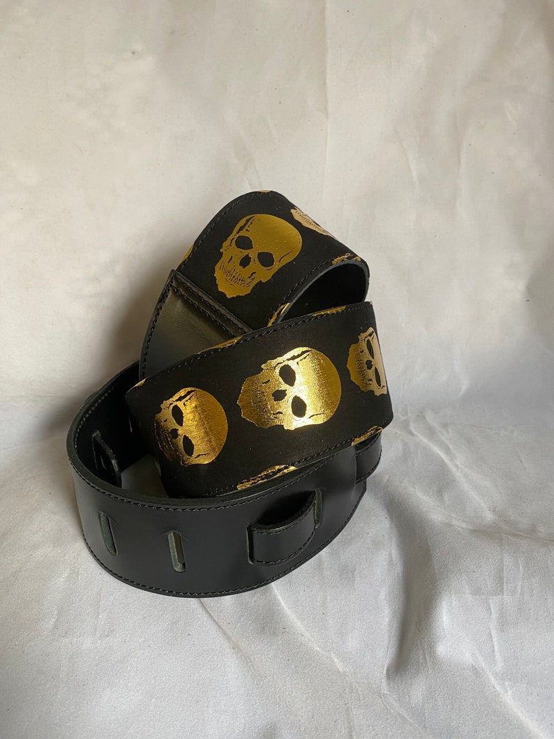 Black leather Gold Skull Guitar Strap image 8