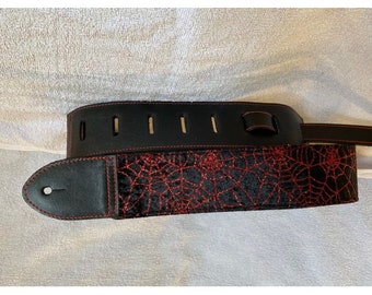 Black leather red spider web guitar strap