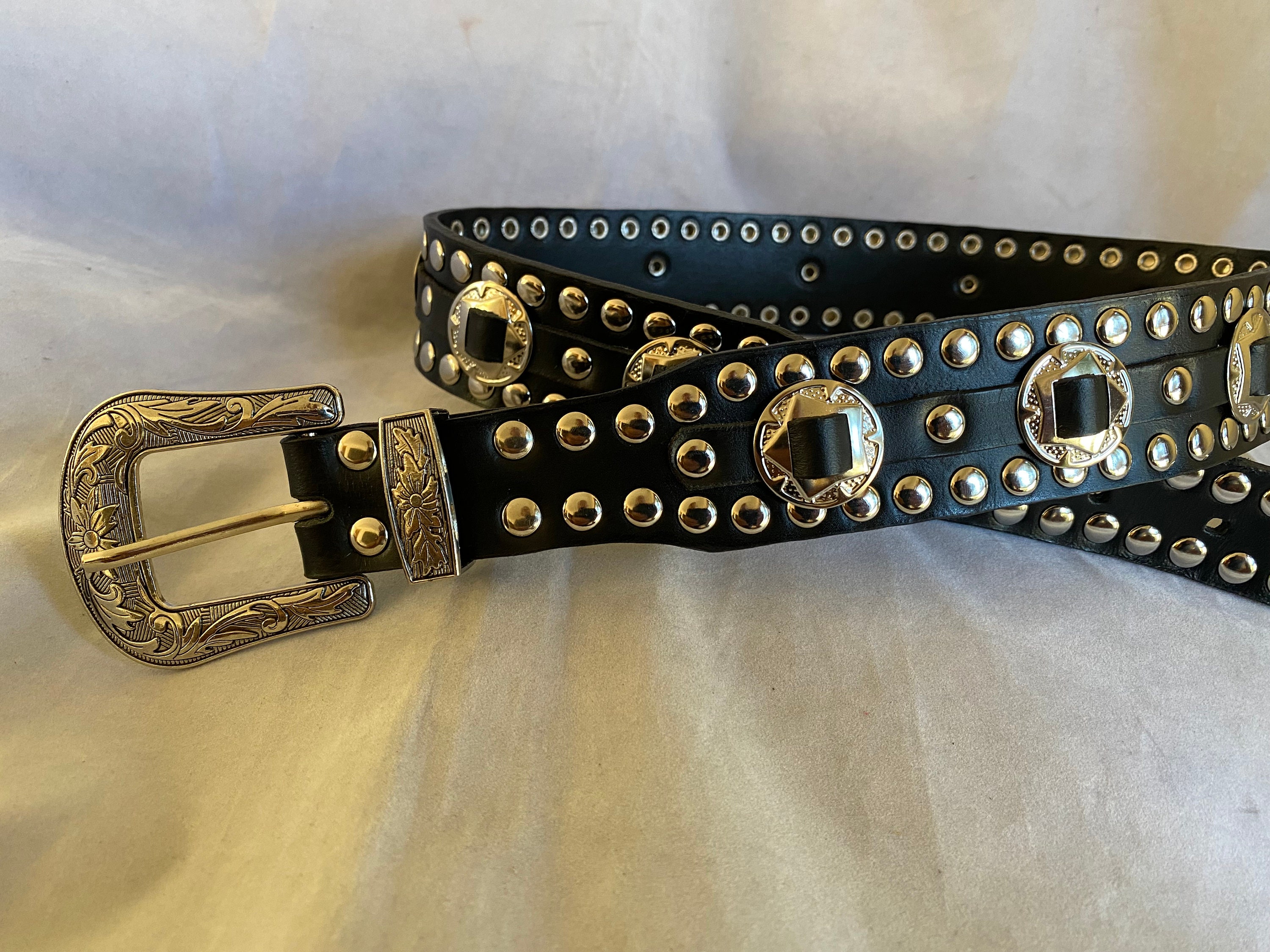 Black Leather Studded/concho Weston Belt - Etsy