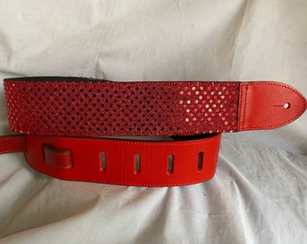 Red Bling leather guitar strap