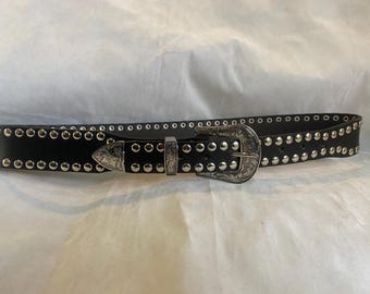 Brighton Black Studded Leather Belt Western Silver Engraved Buckle Size L 34 Brighton Black Genuine Leather Belt Sz M Silver Studs  main image 3