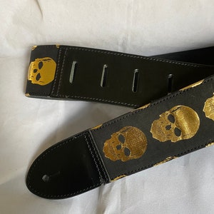 Black leather Gold Skull Guitar Strap image 4