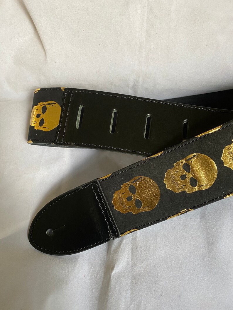 Black leather Gold Skull Guitar Strap image 4