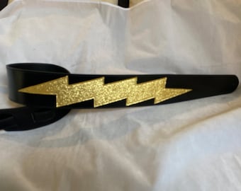 Black Leather/ God sparkling lighting bolt guitar strap