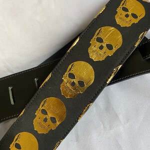 Black leather Gold Skull Guitar Strap image 9