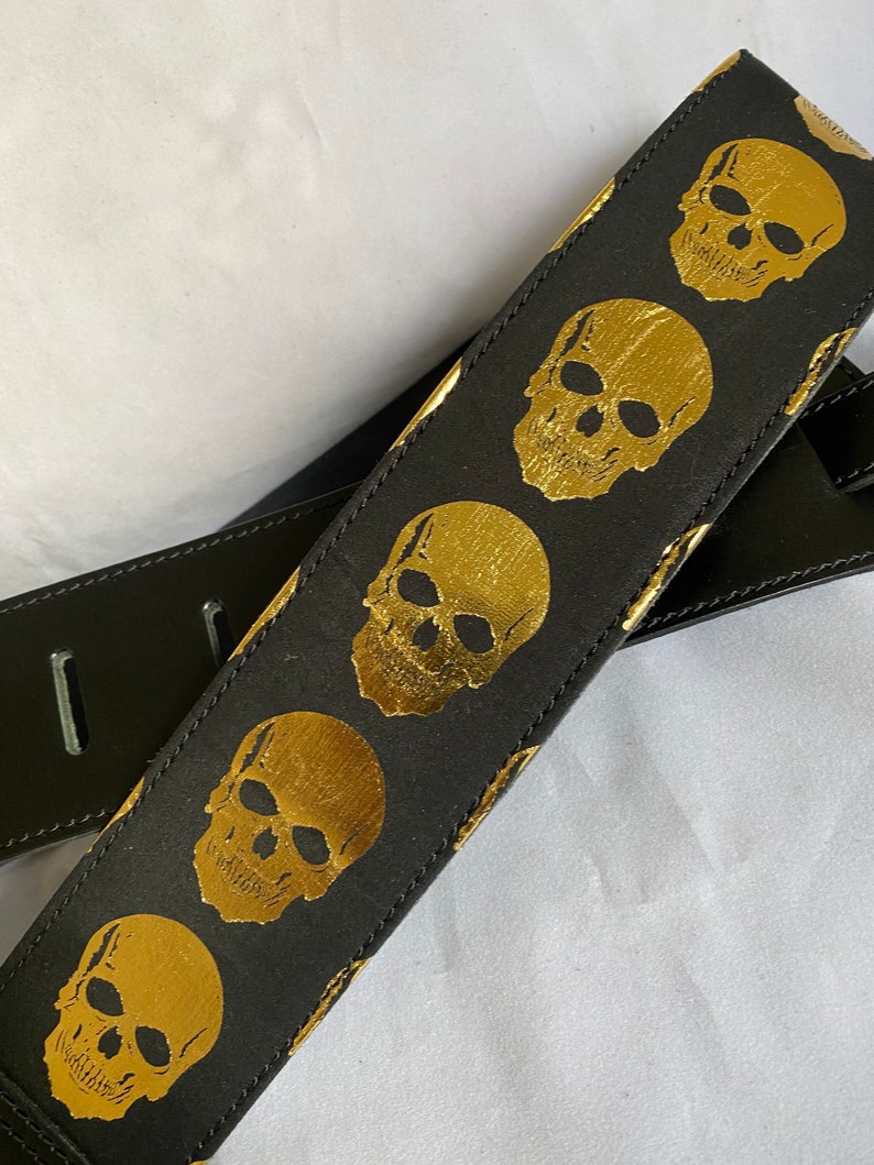 Black leather Gold Skull Guitar Strap image 9