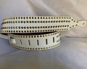 White Fully Studded Leather Guitar Strap