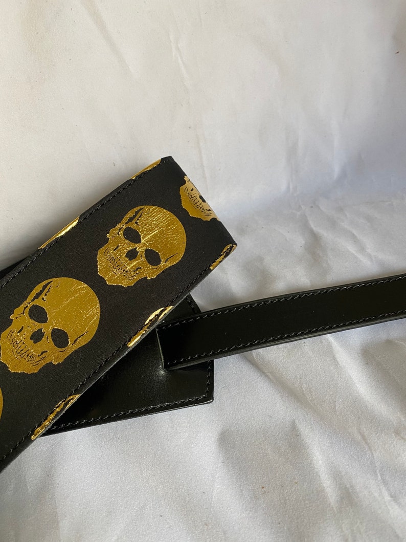 Black leather Gold Skull Guitar Strap image 5