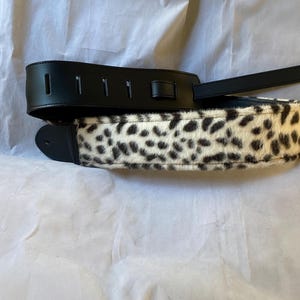 Black leather Snow Leopard Fur Guitar Strap