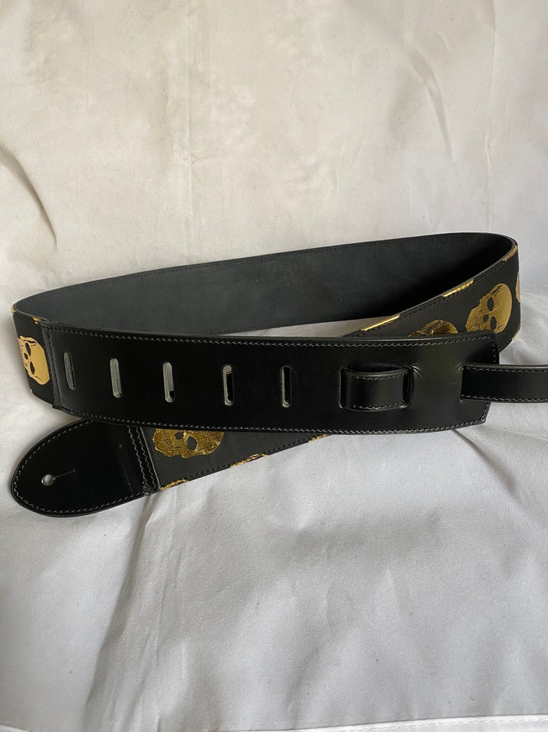 Black leather Gold Skull Guitar Strap image 3