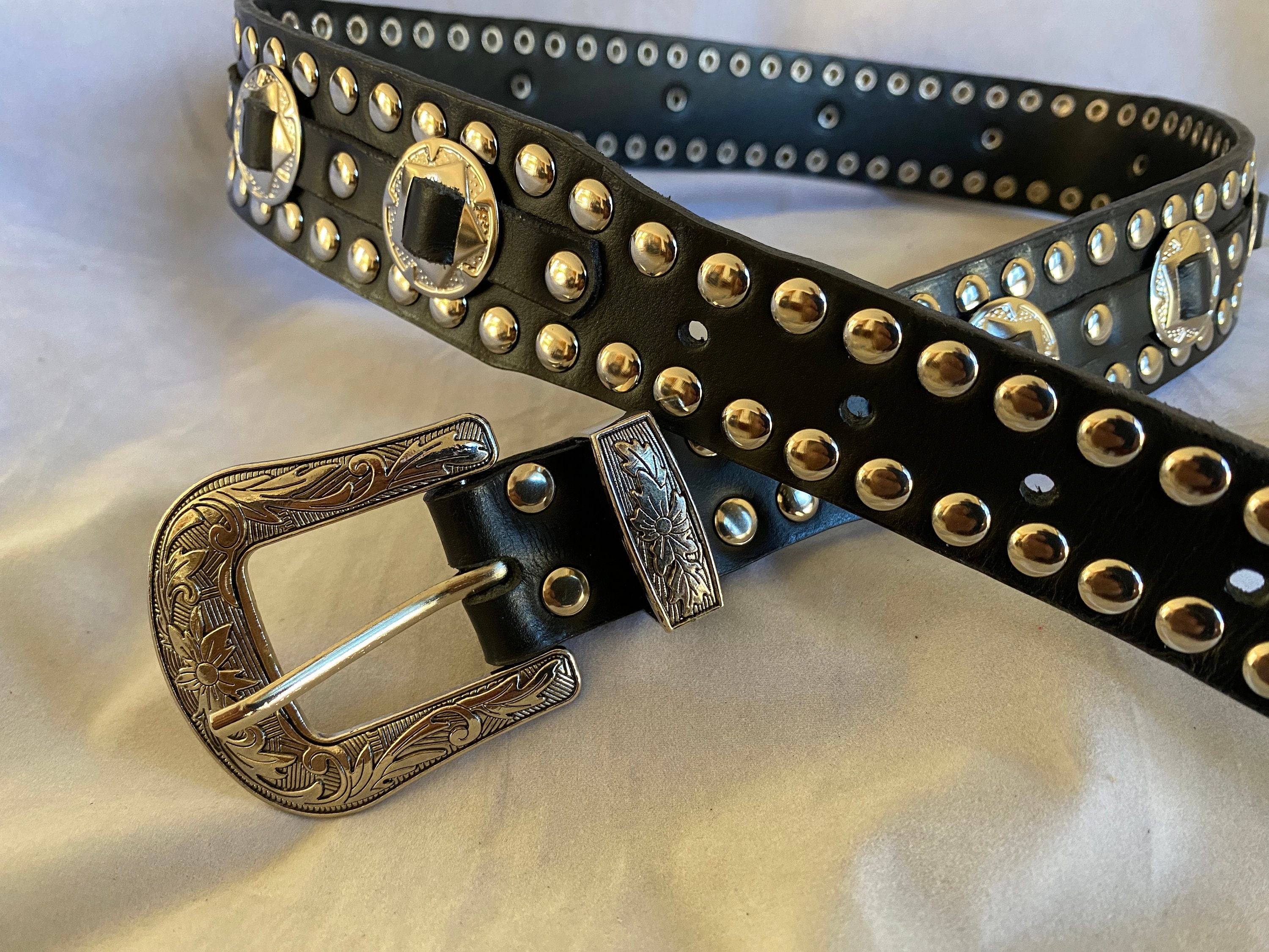 小物 Vintage studs leather belt Vintage Studded Belt ZigZag Studs Real Leather | Women's