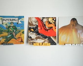 Now Playing vinyl wall mounted record stand, holder for different sizes, tape mounted album of the day