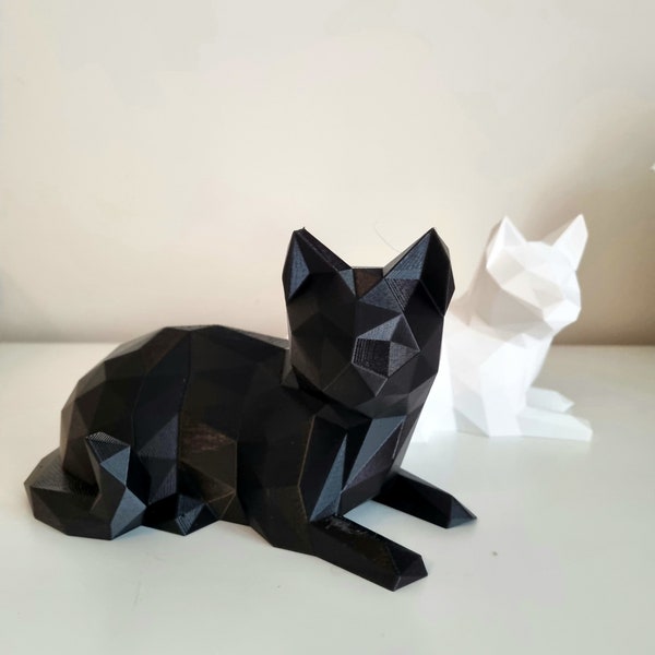 Cat sculpture low poly plastic / decor object / art cat lover gift / cat shelf sitter / cat statue figurine