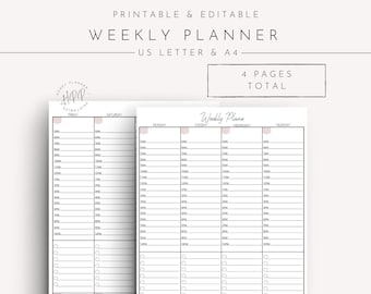 Weekly Planner Printable, Weekly Hourly Planner, Weekly Planner Organizer,  Weekly Schedule Template, Minimal Weekly Planner, A4, Letter PDF