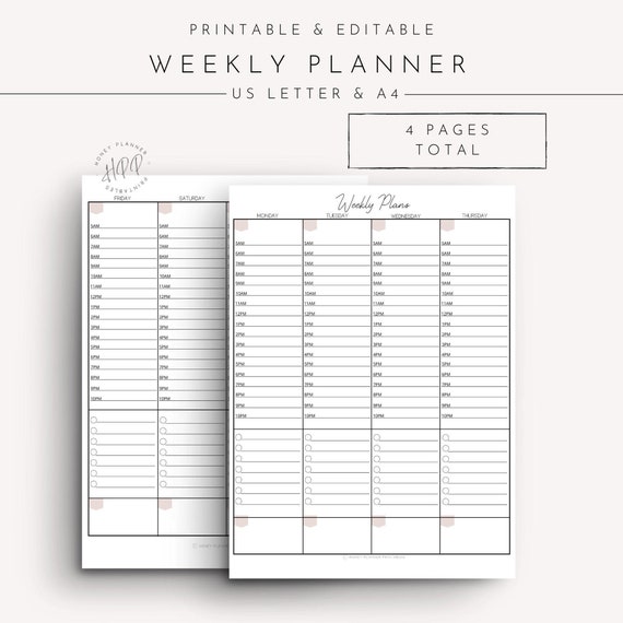 weekly planner printable weekly hourly planner weekly etsy