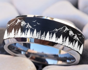 Personalized Engraved Ring Mountain Forest Landscape Tree Scene Tungsten Wedding Band Men Mirror Dome Tungsten Ring Mens Wedding Band