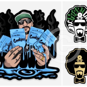 Può includere: Un'illustrazione di cartone animato di una persona con un cappello verde e occhiali da sole che tiene quattro sacchetti di biscotti. I sacchetti sono etichettati "Cookies" e gocciolano liquido blu. Lo sfondo è nero con fiamme.