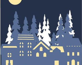 Modèle de vacances de 5 x 7 po. pour Cricut et Silhouette. Carte de voeux de village confortable. Non religieux. Convient à toutes les confessions.