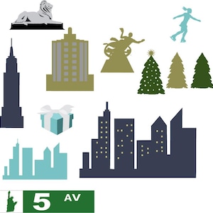 Può includere: Un'illustrazione digitale di una città con diversi edifici, tra cui un grattacielo, un edificio con una statua di leone e un edificio con un albero di Natale. L'illustrazione include anche una scatola regalo, una persona che pattina sul ghiaccio e una città con un orizzonte.