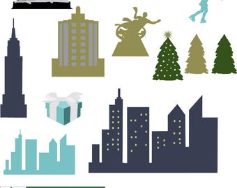 Icônes des fêtes de New York, y compris le Rockefeller Center.  Tous les fichiers sont conçus avec précision pour les machines Cricut et Silhouette.