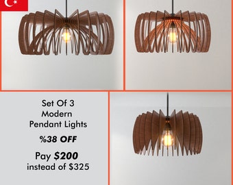 SET OF 3 Wooden Pendant Light | Mid Century Modern Chandelier | Wooden Ceiling Lamp | Scandinavian Hanging Light