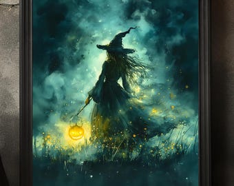 May include: A framed art print depicts a witch in a dark dress and hat, holding a glowing jack-o'-lantern. The artwork is set in a mystical, teal-toned landscape with a cloudy sky and golden light.