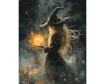 May include: A digital art print of a witch holding a glowing jack-o'-lantern. The witch wears a black hat and dress, with long blonde hair. The background is dark with orange and yellow highlights, creating a mystical Halloween scene.