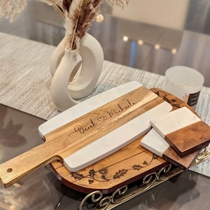 Personalized Marble Wood Cutting Board and Coaster Set | Custom Engraved Charcuterie Board | Wedding / Engagement /Anniversary, Holiday Gift