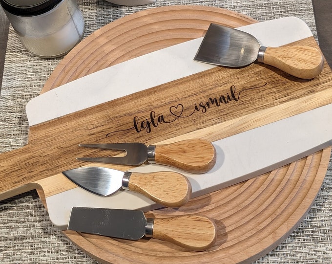 Personalized Marble Wood and 4-pc Cheese Knife Set | Laser Engraved Cheese Board for Birthday, Wedding, Anniversary, Housewarming Gift