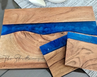 Blue Epoxy River Cutting Board and Coaster Set | Wood Charcuterie Board | Personalize Serving Board | Wedding or Engagement Gift Box