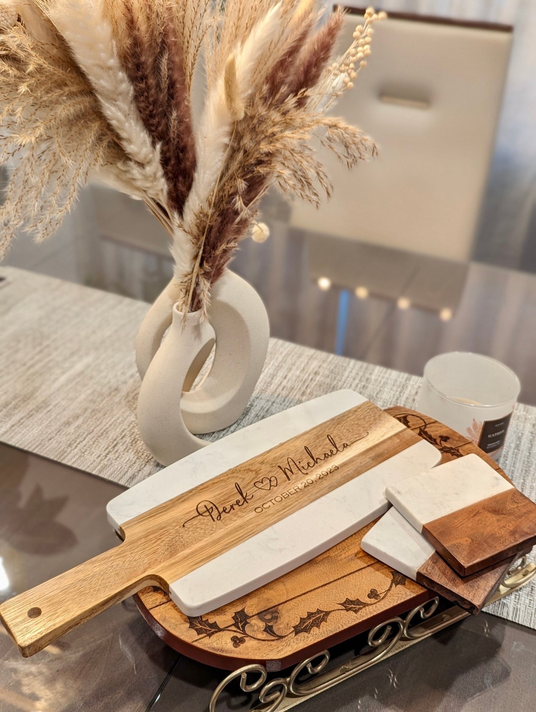 Personalized Marble Wood Cutting Board and Coaster Set Custom Engraved