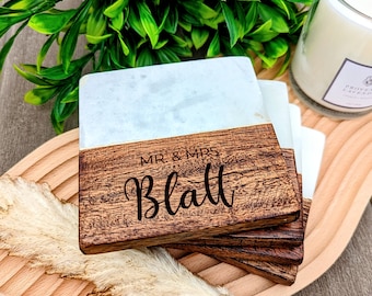 Engraved Marble Wood Coaster Set | Personalized Wooden Coaster | Customized Birthday, Valentine Gift Idea, Wedding Favor, Realtor Souvenir