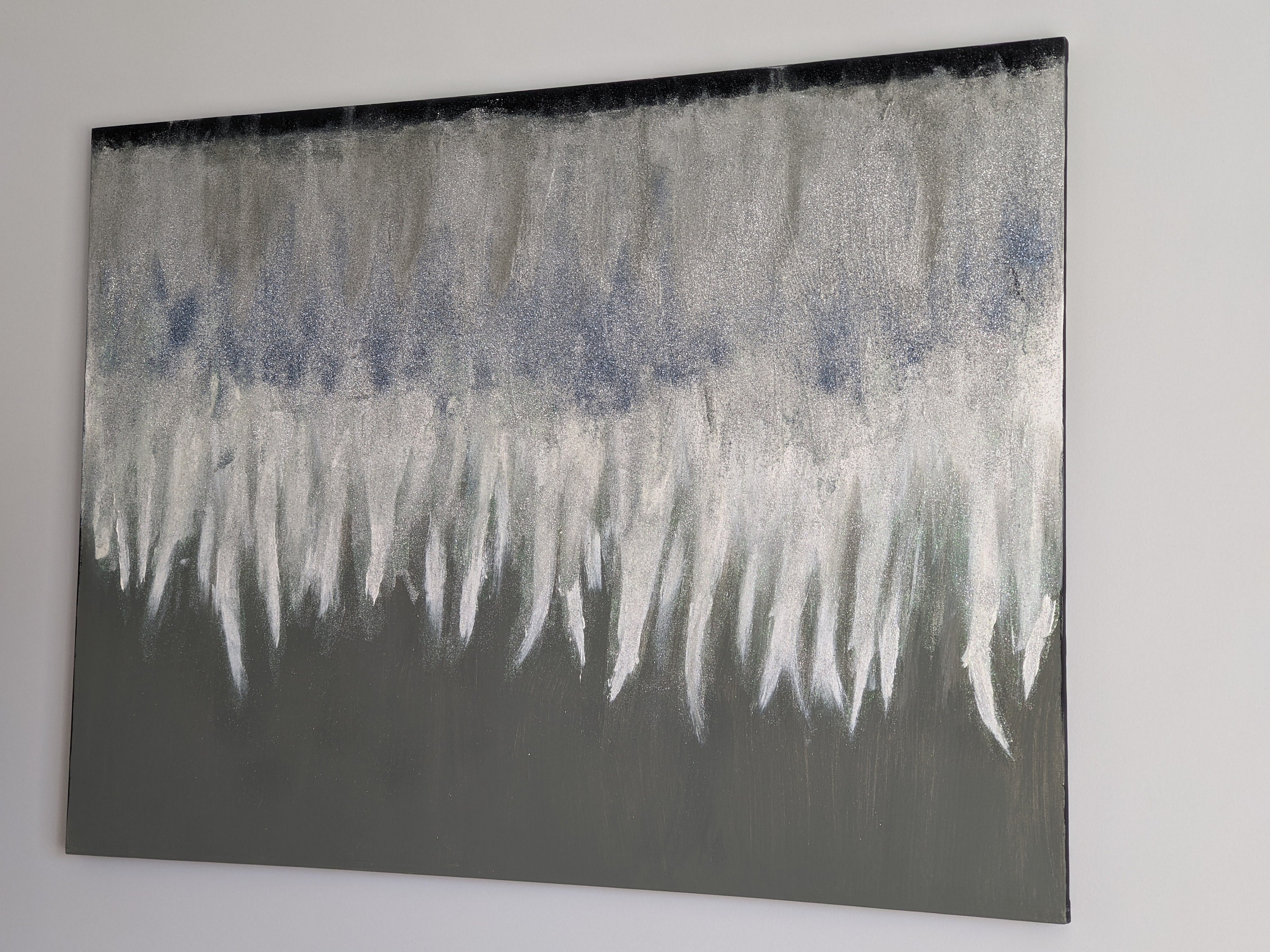 Large 40x30 Abstract Silver Gray Glitter Canvas Wall Art Z Etsy