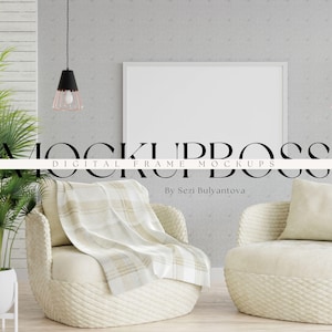 Horizontal Mockup, Living Room Mockup, White Frame Mockup, Landscape Frame, Wall Art Mockup, Sofa, Interior Mockup, Plant, Styled Mockup