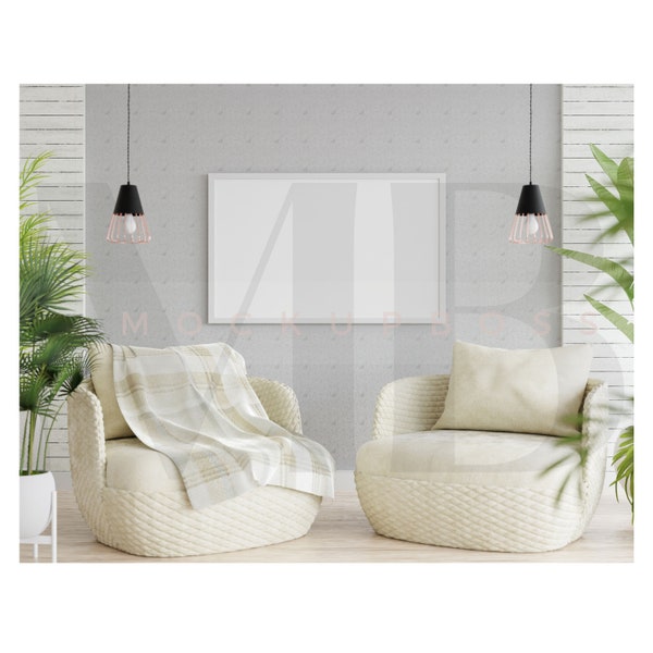 Horizontal Mockup, Living Room Mockup, White Frame Mockup, Landscape Frame, Wall Art Mockup, Sofa, Interior Mockup, Plant, Styled Mockup