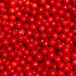 May include: A close-up shot of a pile of bright red, round candies. The candies are densely packed, filling the frame. The glossy surface of each candy reflects light, creating highlights. The overall impression is one of abundance and sweetness.