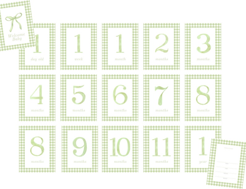 Sage Green Gingham Baby Milestone Cards (instant Download) - Etsy
