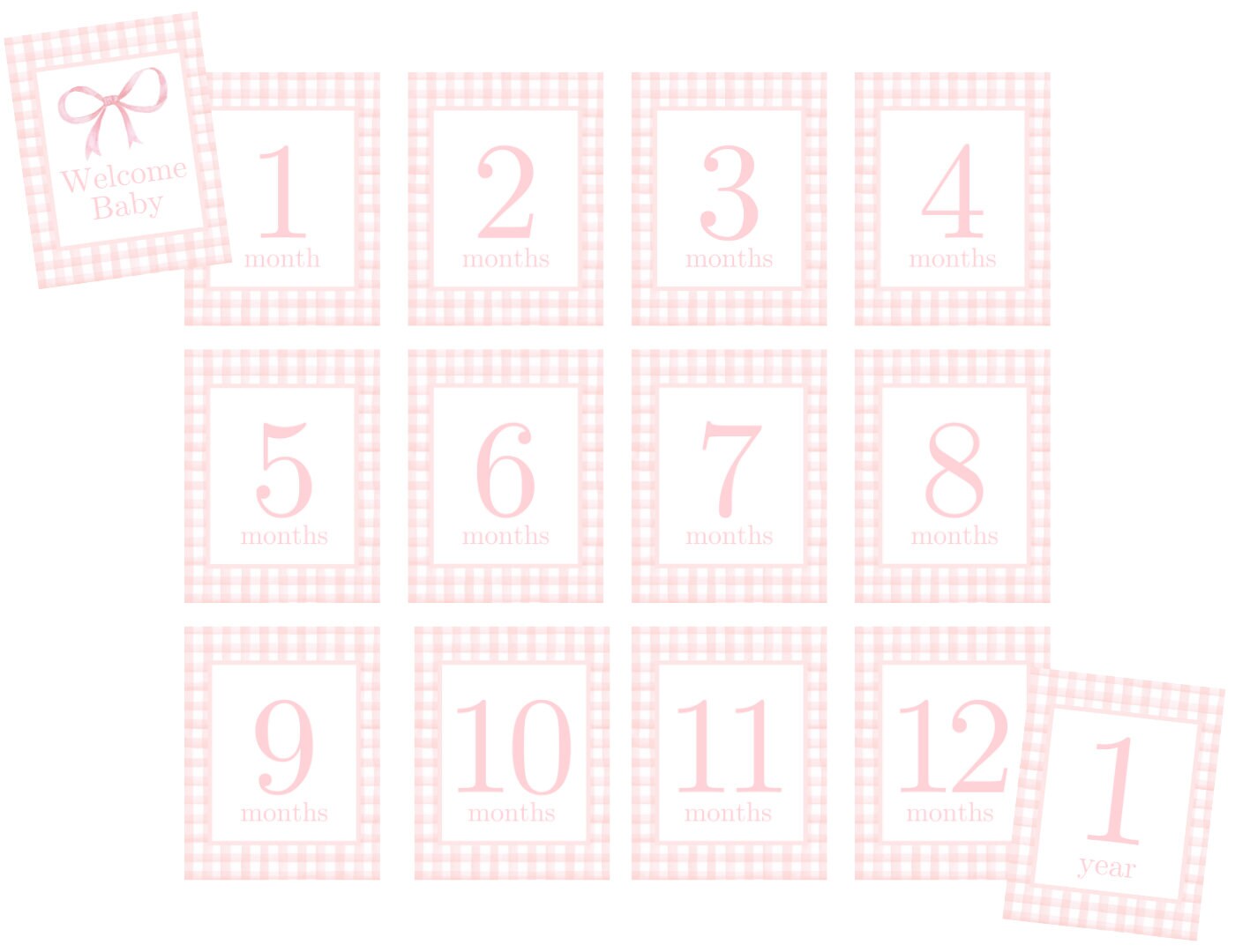 Pink Gingham Baby Monthly Milestone Cards | Set of 14 Instant Download ...